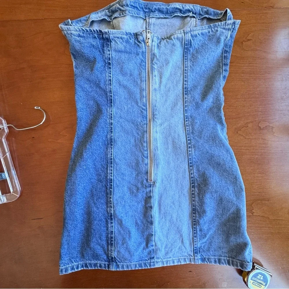 PrettyLittleThing Denim Cotton Patchwork Strapless Mini Dress Blue Stripe